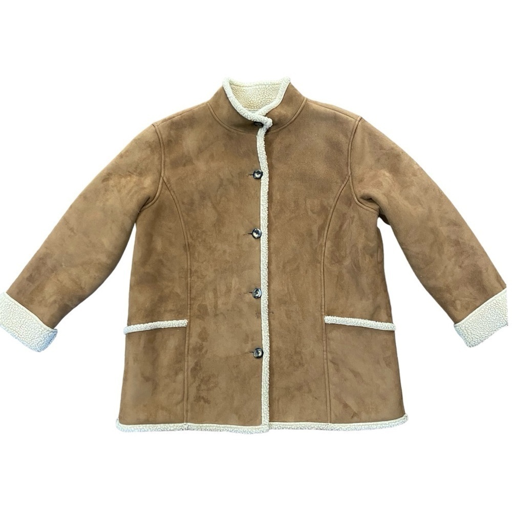Vtg L.L. Bean Tan Shearling Faux Fur Sherpa Lined Button Jacket Sz XL Petite